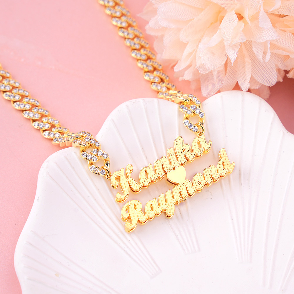 Iced Cuban Chain Two Names with Heart Custom Personalized Name Necklace Couple Gifts