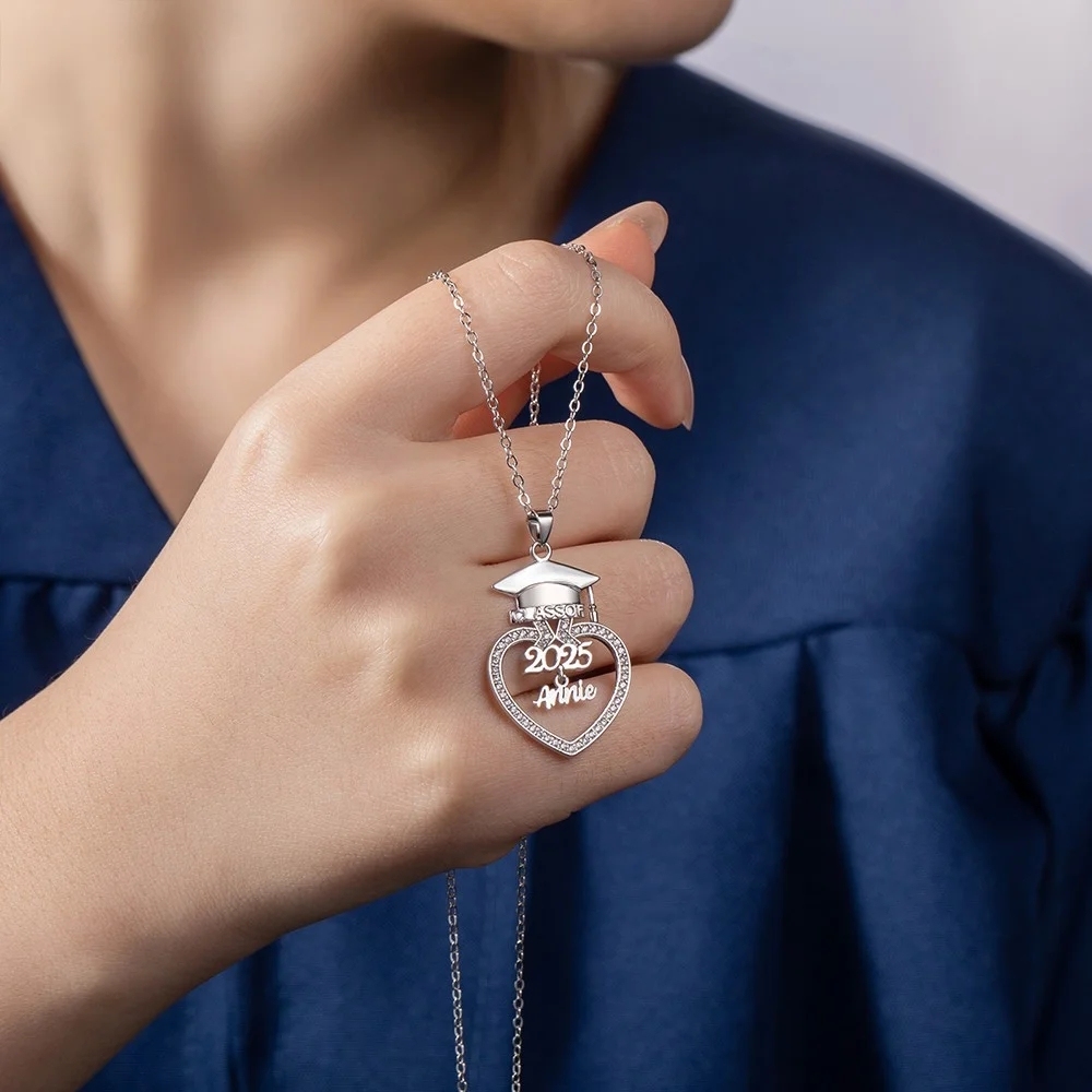 Shiny Personalized Custom Graduation Cap Heart Name Necklace