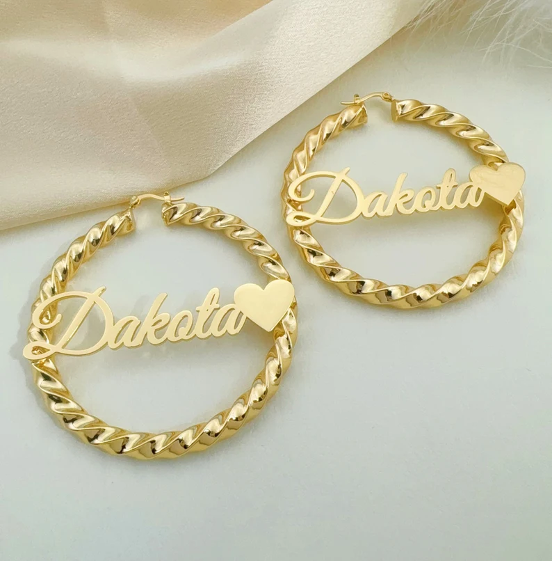 Love Heart Twist Hoop Name Earrings Custom Name Earrings 
