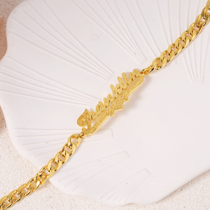 Personalized Heart Name Bracelet Cuban Chain Gold Plated Bracelet