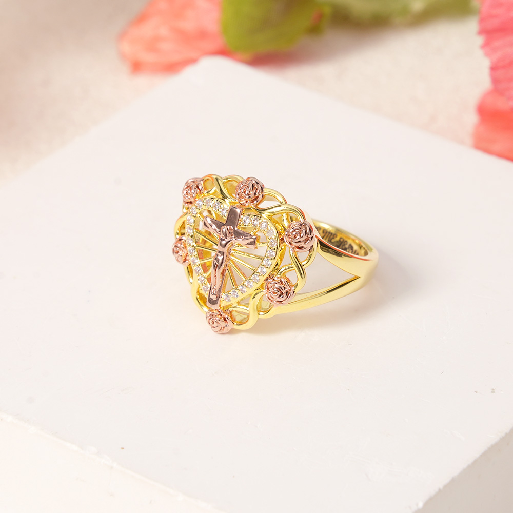 Jesus Christ Cross Crucifix Crucifixion Rose Heart Personalized Engraved CZ Ring 