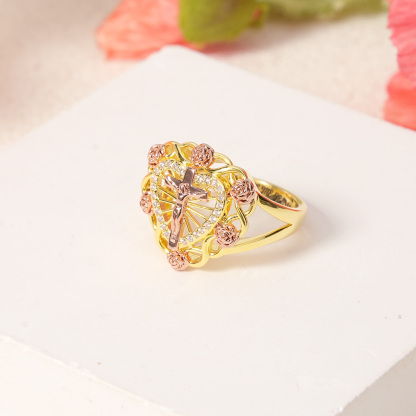 Jesus Christ Cross Crucifix Crucifixion Rose Heart Personalized Engraved CZ Ring 