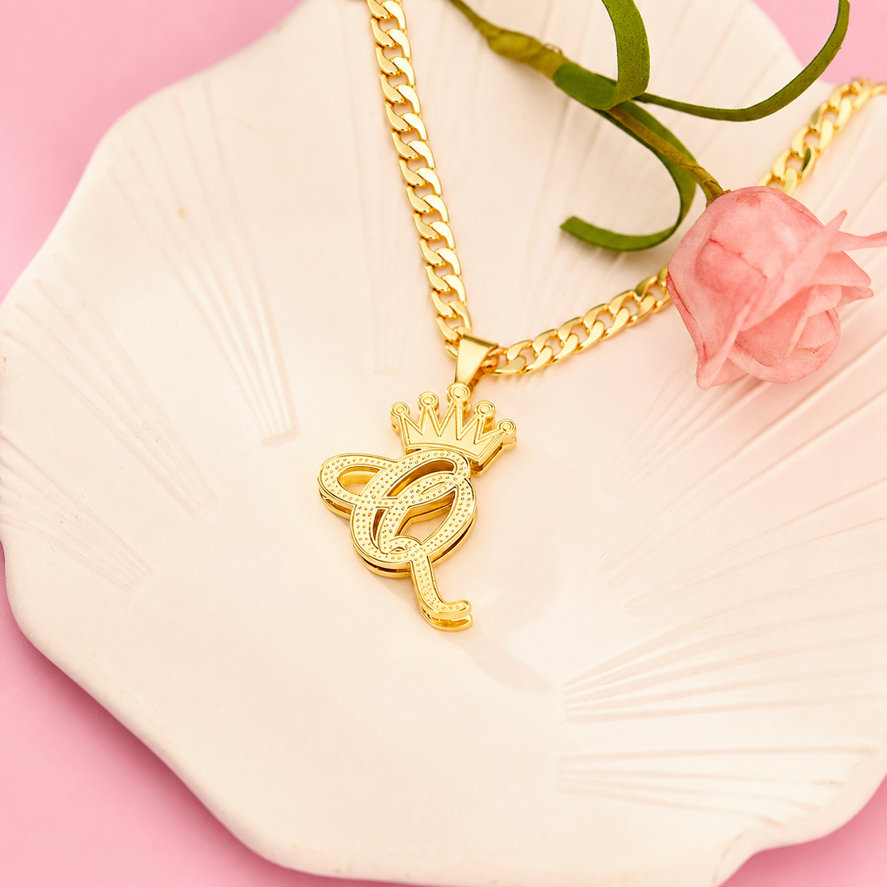 Gold Plated Crown Initial Pendant Necklace with 6mm Cuban Chain