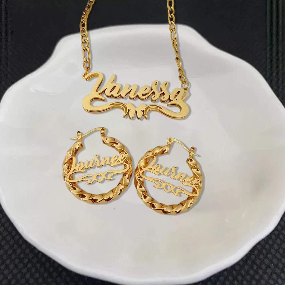 Personalized Double Plated Name Necklace With Butterfly Custom Name Earrings