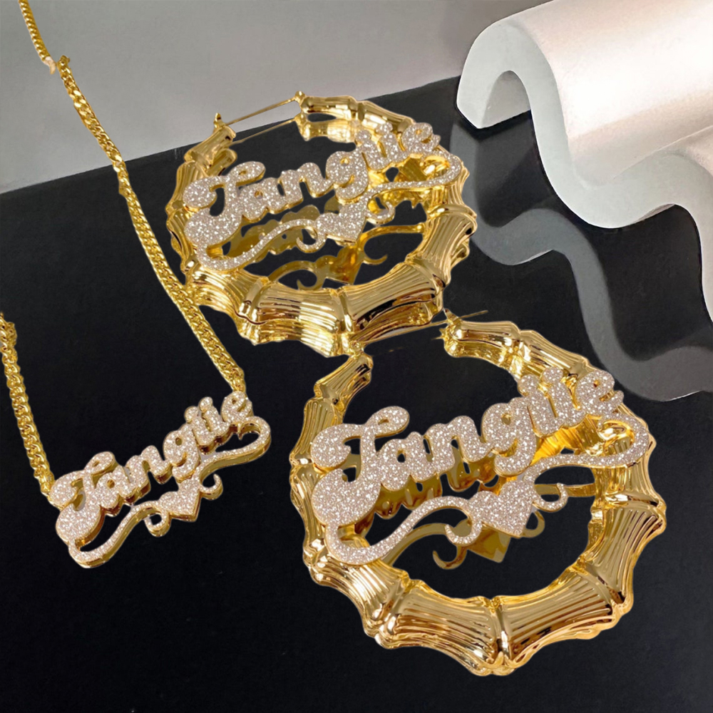 Bling Plate Set Stainless Steel Name Necklace And Name Hoop Earrings