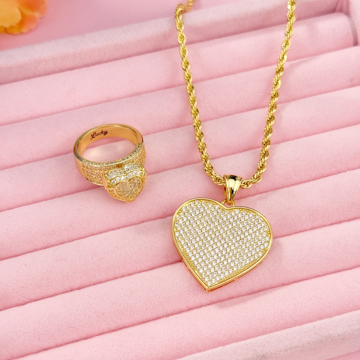 Zirconia Heart Promise Engraved Ring Heart Charm Necklace Jewelry Set