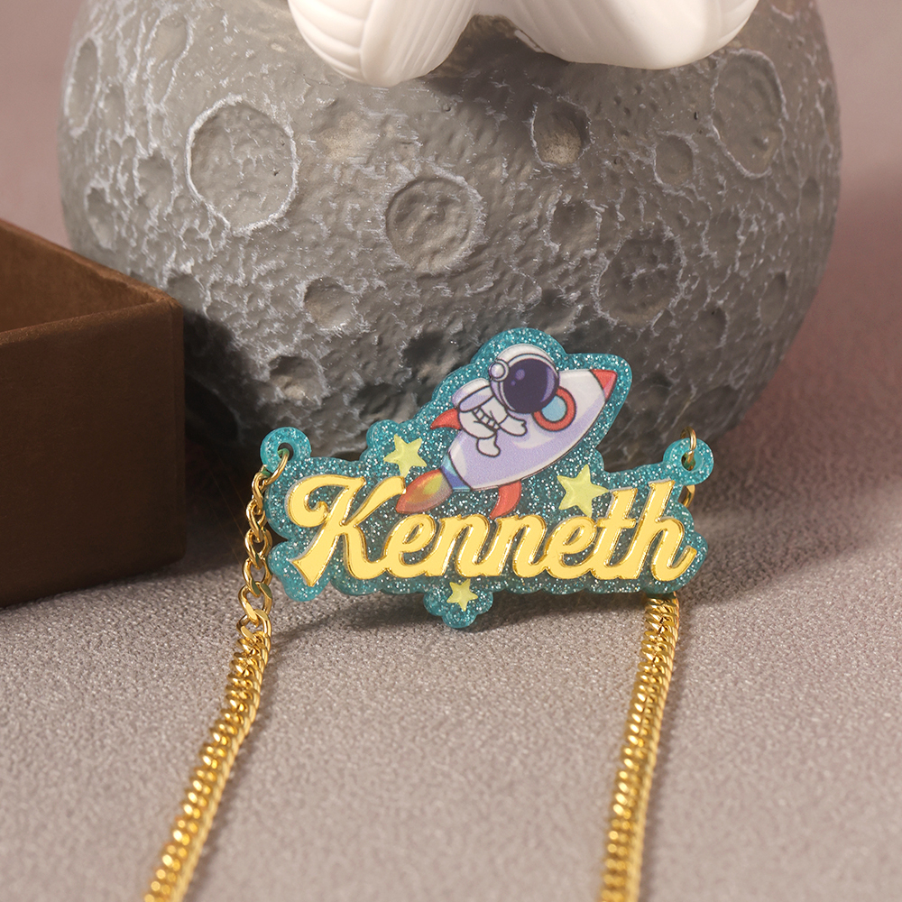 Acrylic Astronaut Rocket Pendant Personalized Name Necklace