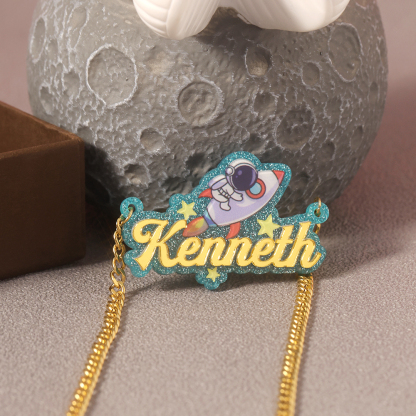 Acrylic Astronaut Rocket Pendant Personalized Name Necklace