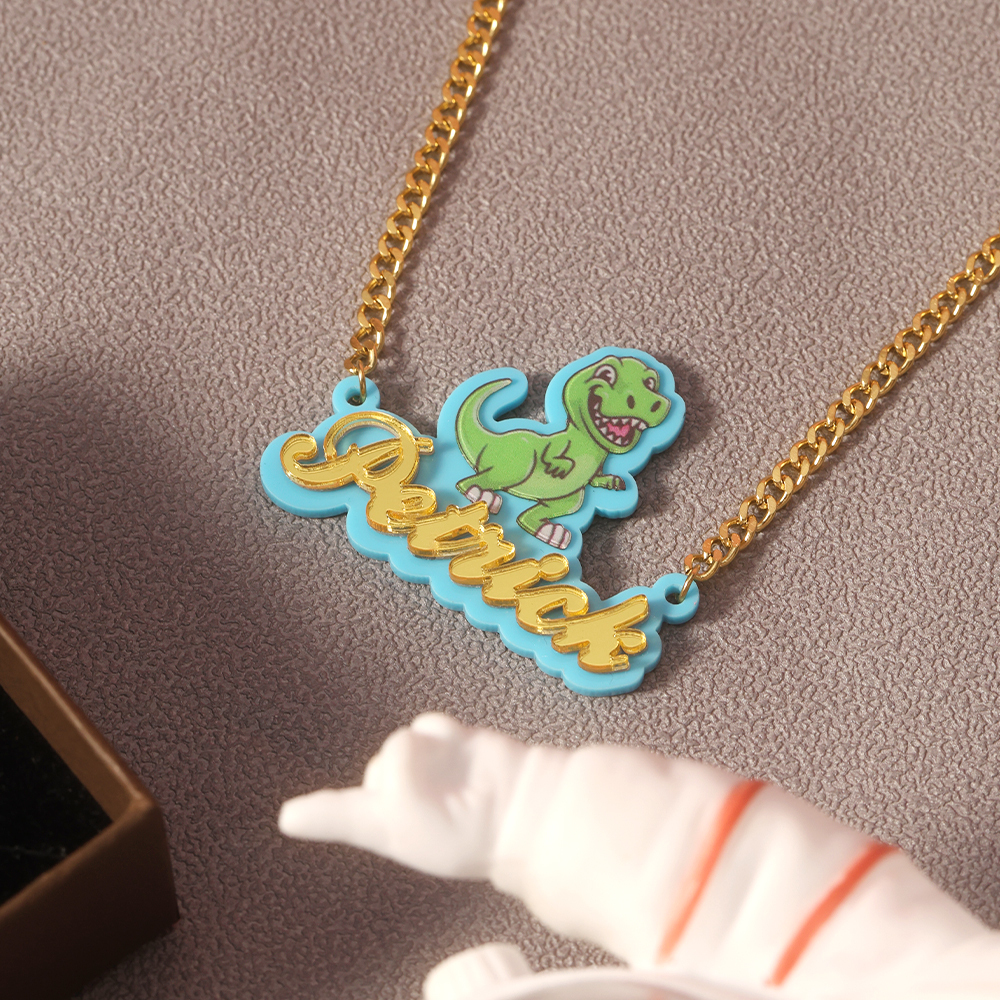 Boys Dinosaur Tyrannosaurus Acrylic Nameplate Pendant Personalized Name Necklace