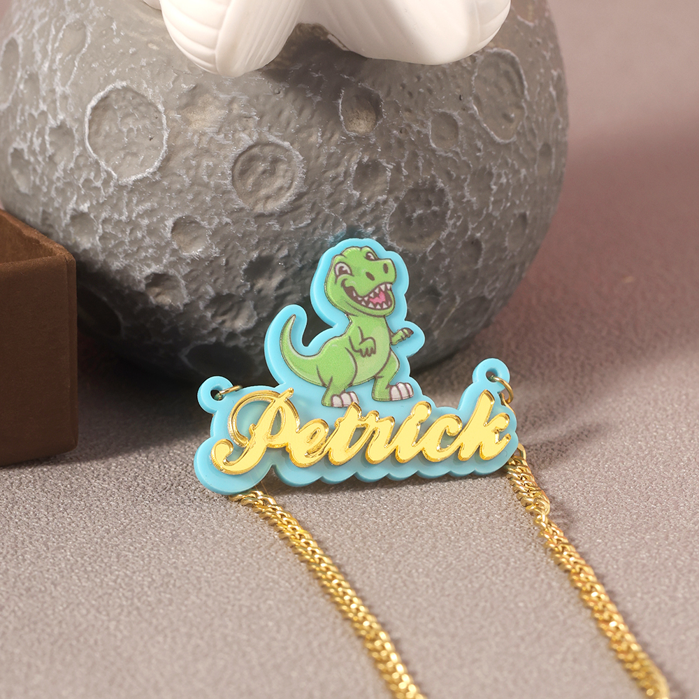 Boys Dinosaur Tyrannosaurus Acrylic Nameplate Pendant Personalized Name Necklace