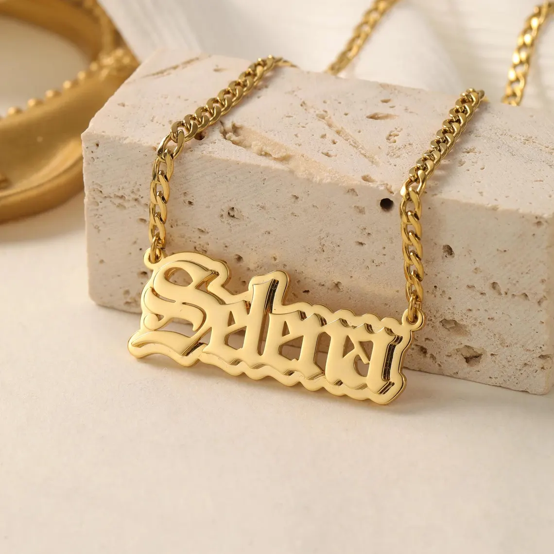 Custom Old English Name Necklace Double Plated Cuban Link Pendant