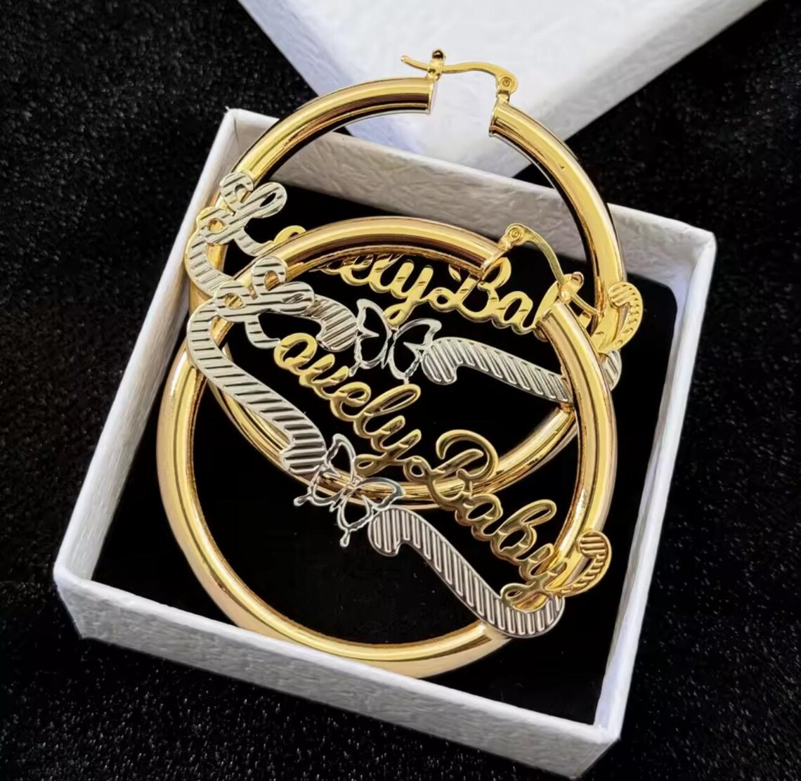 Custom Two Tone Butterfly Nameplate Hoop Earrings