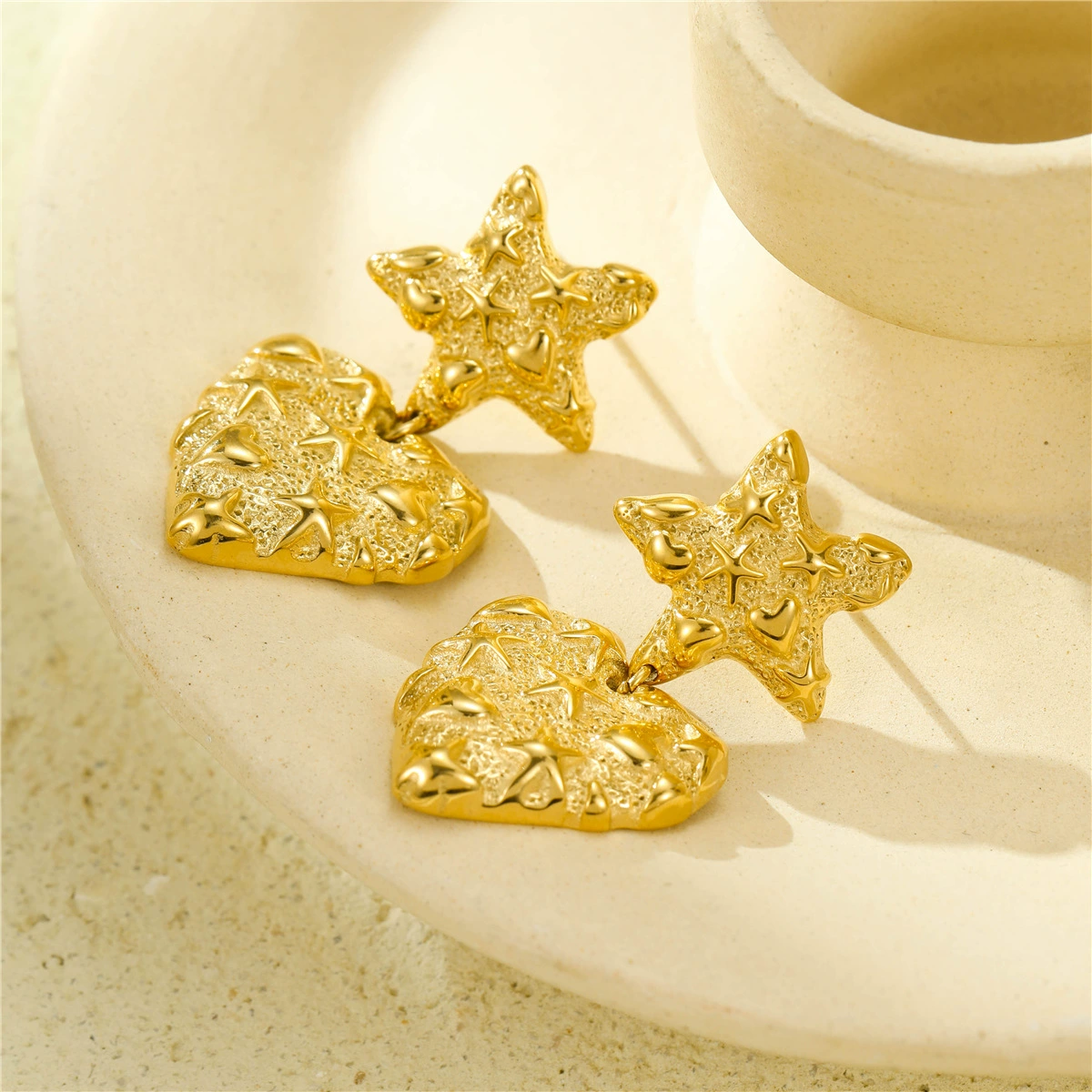 Nugget Hammered Bold Star and Heart Earrings