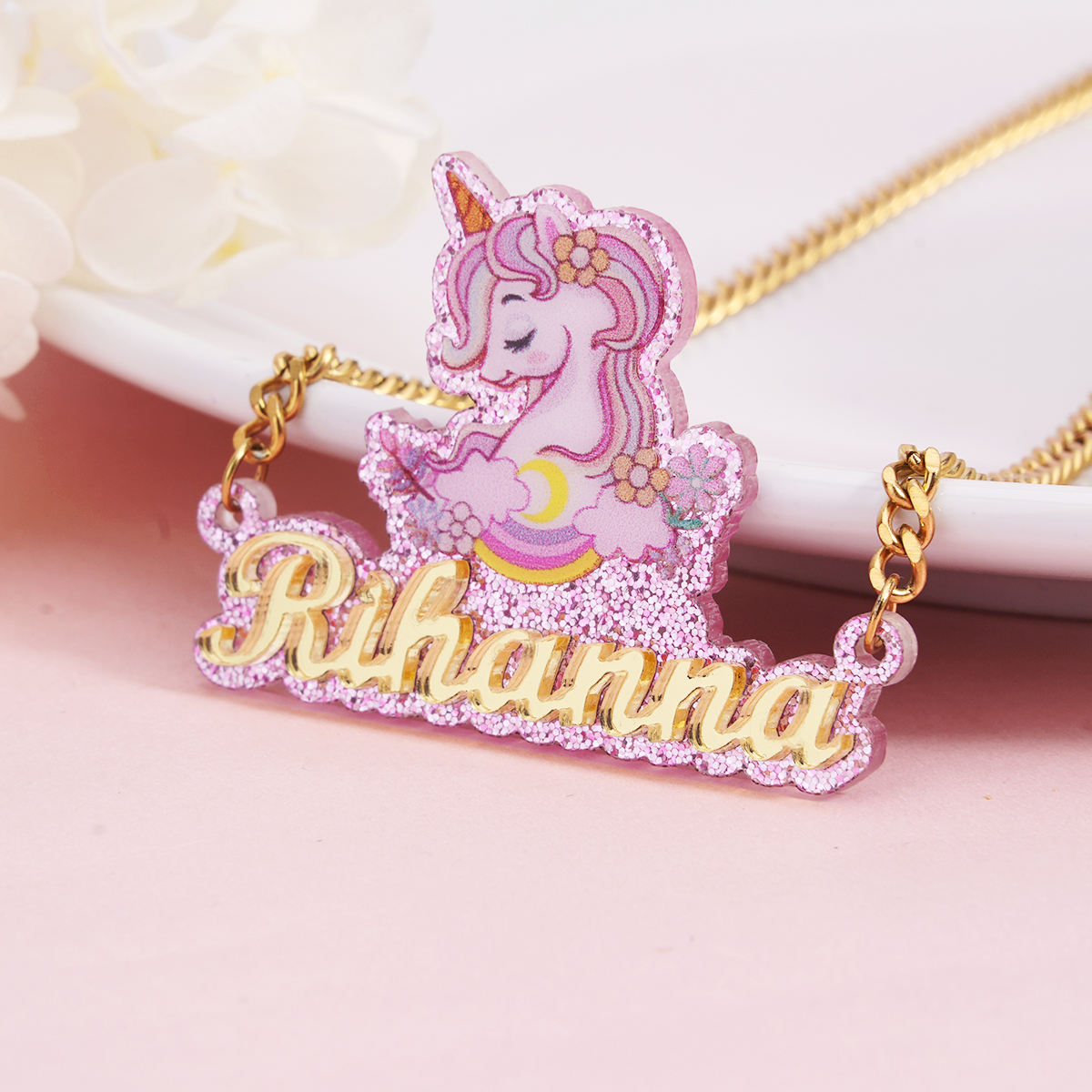 Personalized Cute Acrylic Unicorn Nameplate Necklace for Baby Kids