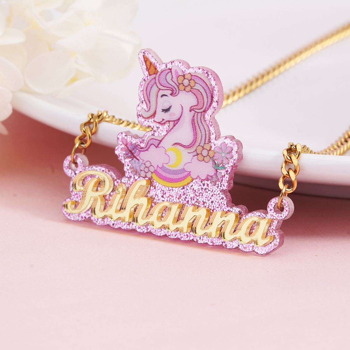 Cute Acrylic Unicorn Nameplate Personalized Custom Name Necklace 