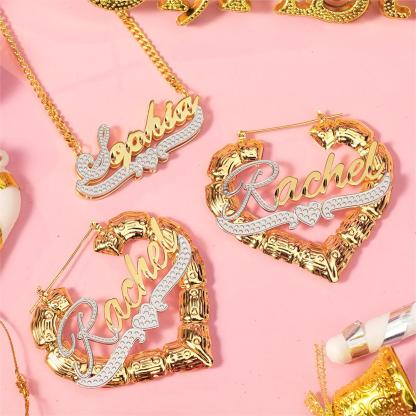 Personalized Double Layer Two Tone with Heart Name Necklace and Heart Shaped Bamboo Earrings Set
