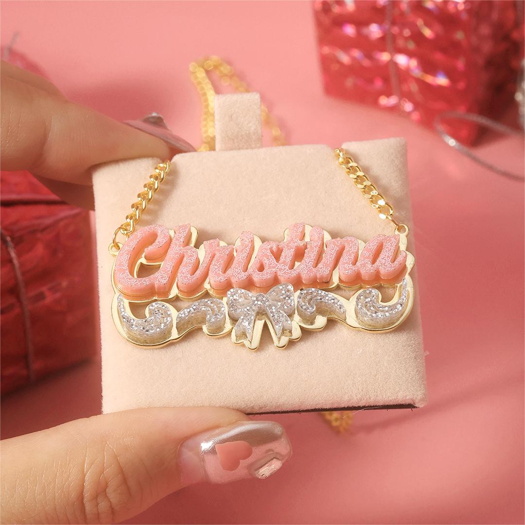 Girls Bowknot Pink Acrylic Personalized Name Necklace with Heart