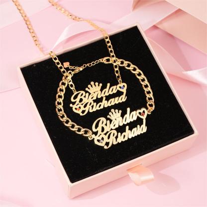 Two Names With Birthstones Personalized Name Necklace and Name Bracelet Couple Set