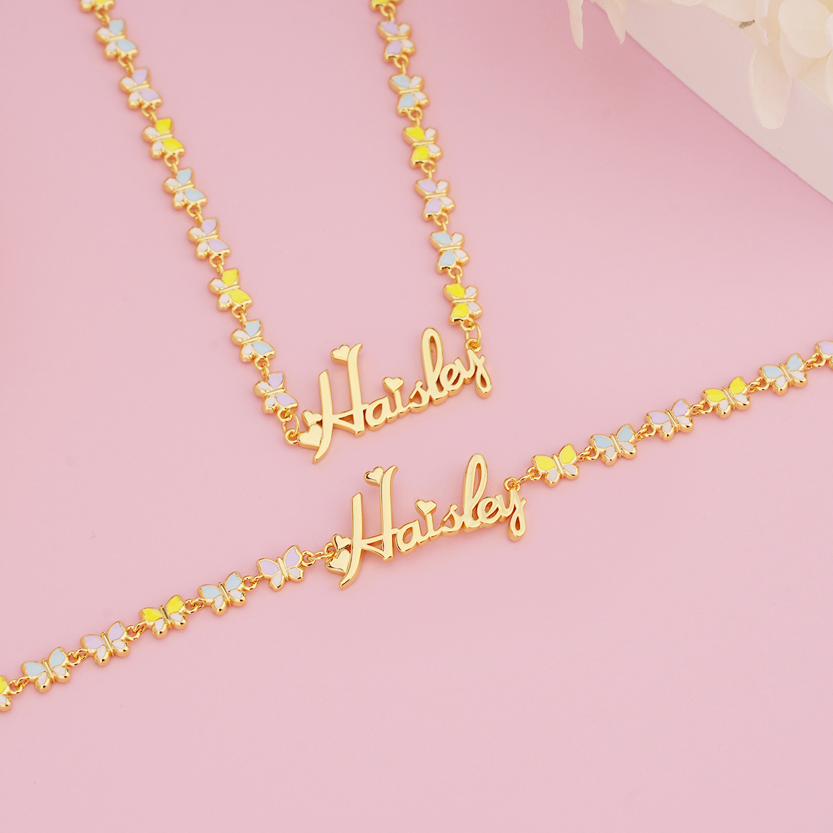 Colorful Butterfly Chain Personalized Custom Name Necklace And Name Bracelet Set