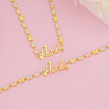 Colorful Butterfly Chain Personalized Custom Name Necklace And Name Bracelet Set