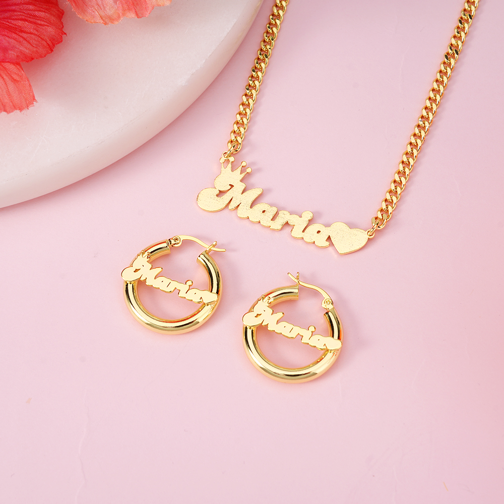 Bling Crown Heart Set Personalized Name Necklace And Hoop Earrings 2pcs Set