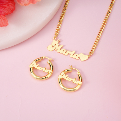 Bling Crown Heart Set Personalized Name Necklace And Hoop Earrings 2pcs Set