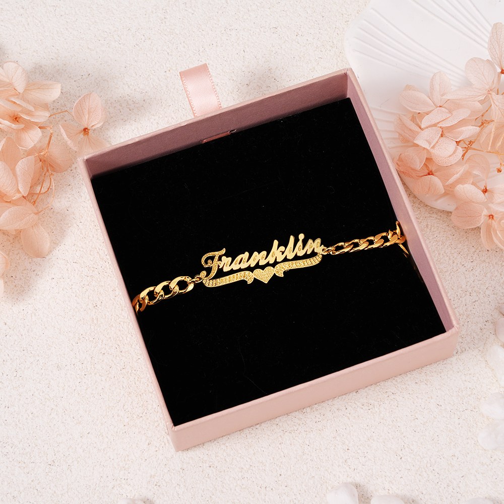 Personalized Heart Name Bracelet Cuban Chain Gold Plated Bracelet