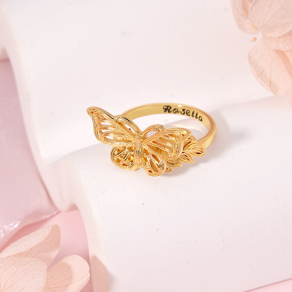 Leaf Butterfly Ring Personalized Gold Plated Engraved Ring
