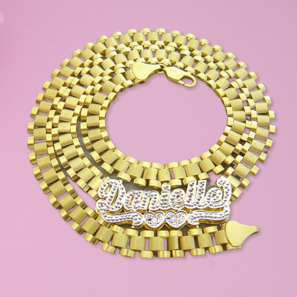 Two Heart Nameplated Pendant President Link Chain Name Necklace