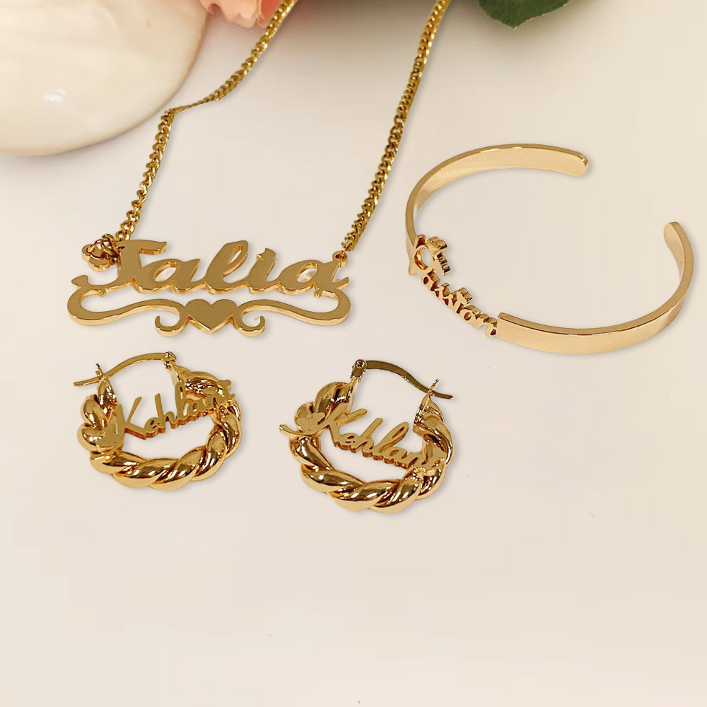 Peronalized Nameplate Kids Jewelry Set Name Necklace Bracelet And Mini Earrings
