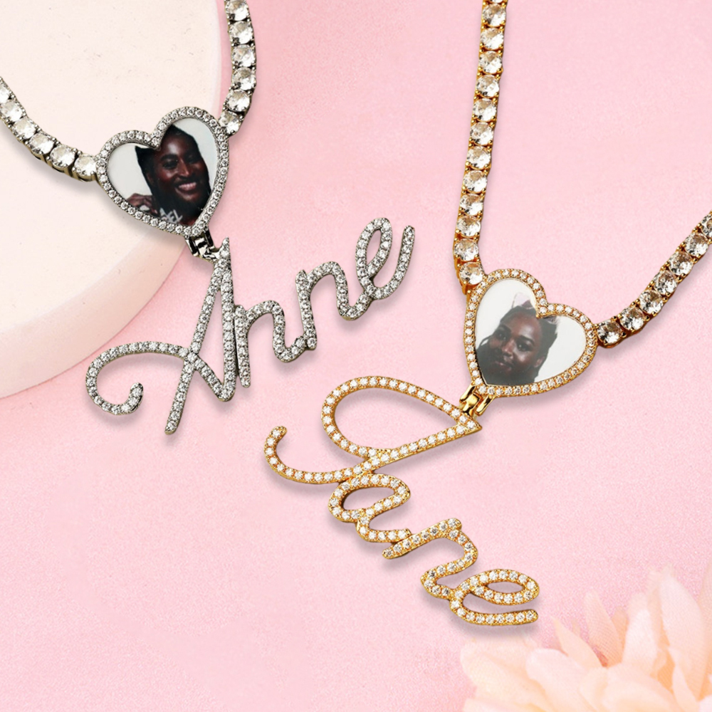 Custom Name Picure Pendant Heart Hook Cursive Letters Necklaces