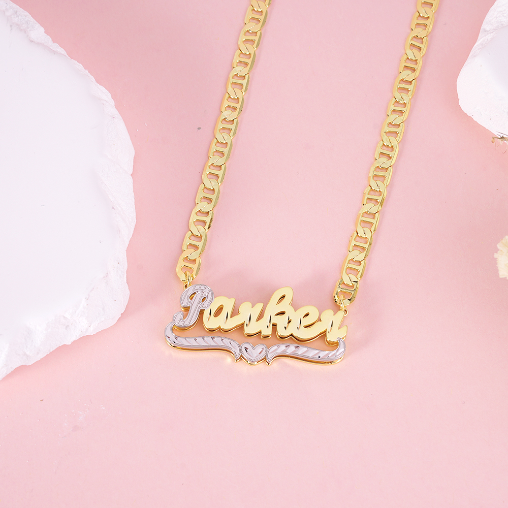 Marine Chain Personalized Double Layer Two Tone Heart Name Necklace