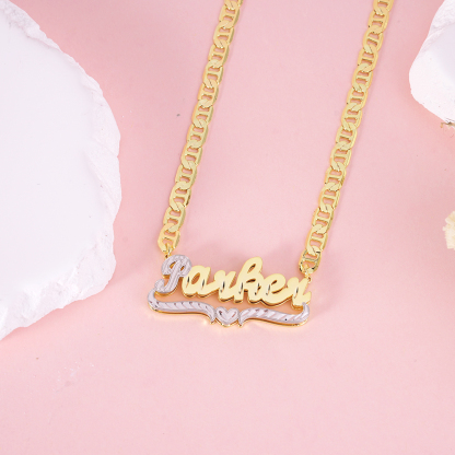 Marine Chain Personalized Double Layer Two Tone Heart Name Necklace