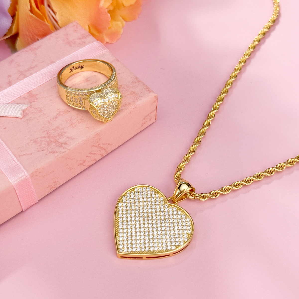 Zirconia Heart Promise Engraved Ring Heart Charm Necklace Jewelry Set