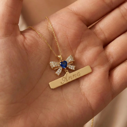 Personalized Ribbon Heart Birthstone Engraved Name Pendant Necklace