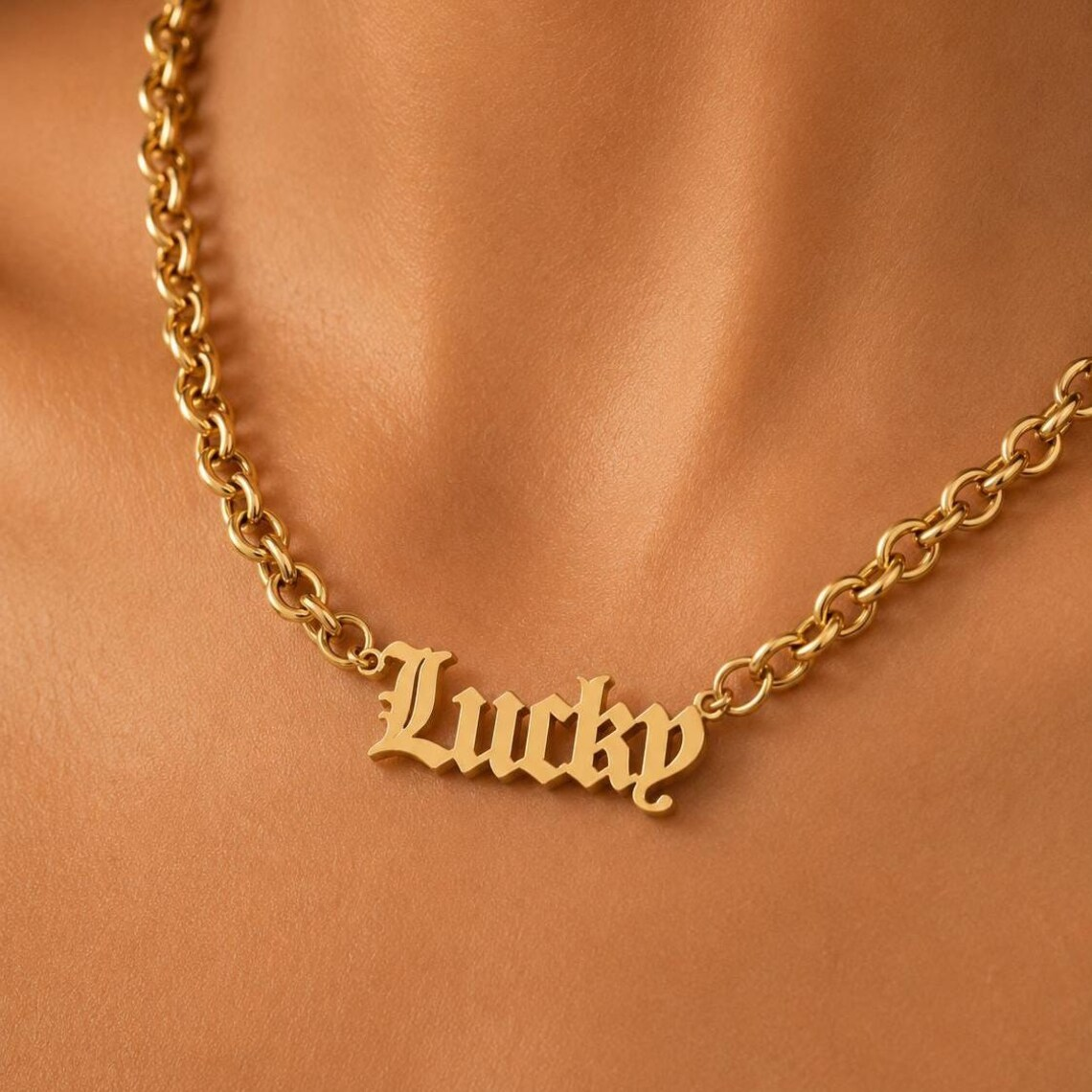 Old English Nameplate Personalized Necklace Gold Chain