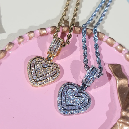 Rope Chain Iced Out Mini Baguette Heart Pendant Necklace