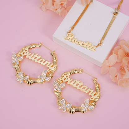 Butterfly Design Personalized Name Necklace And Bamboo Name Earrings Jewelry Set 2pcs 