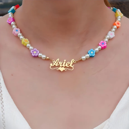 Heart Nameplate Pendant Pearl Chain with Colorful Flower Beads