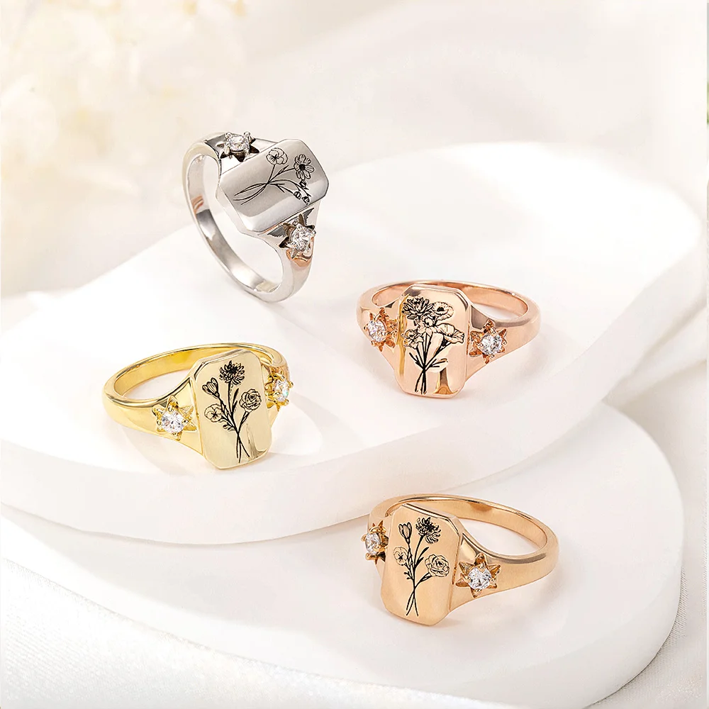 Personalized Engraved Family Birth Flower Bouquet Ring Adorned with Zircon
