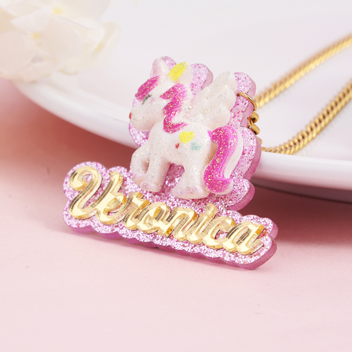 Cute Unicorn Personalized Pink Acrylic Name Necklace for Kids
