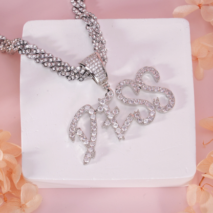 Cuban Chain Iced Out Custom Double Row Zircon 2 to 6 Letters Pendant Initial Necklace