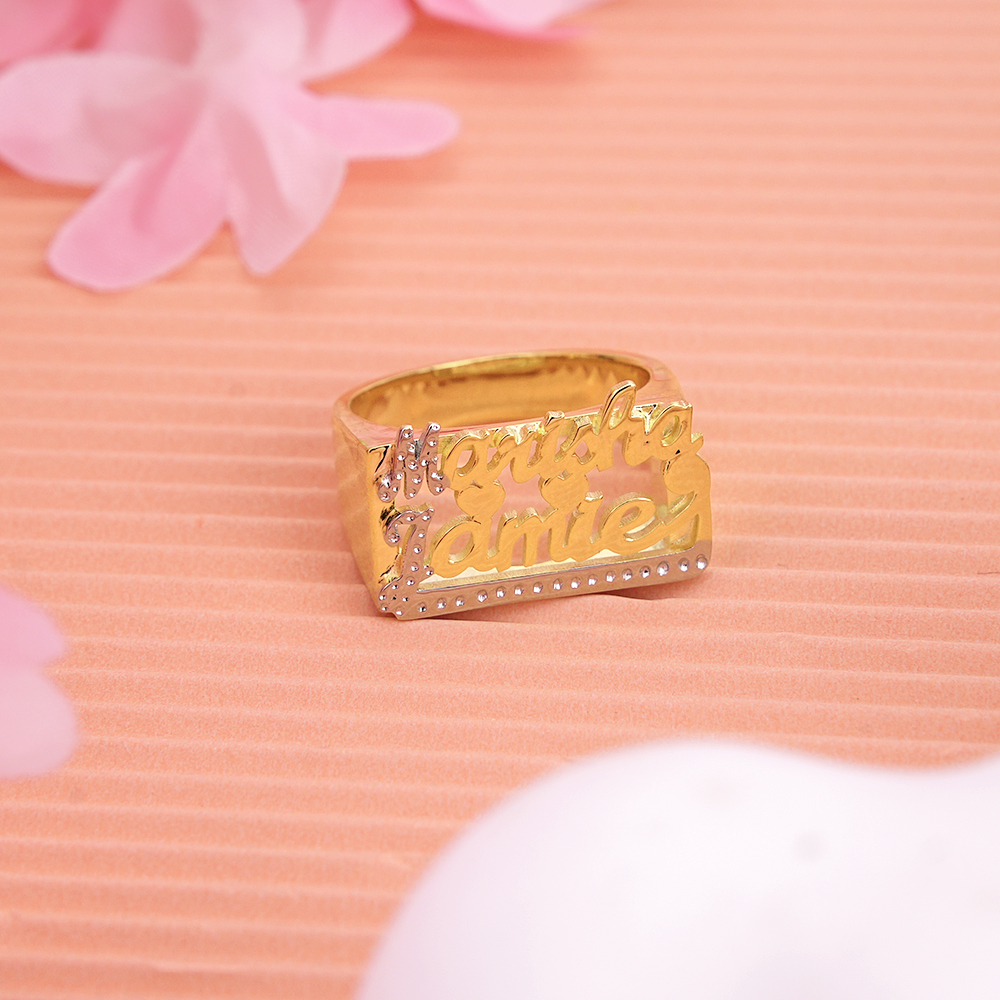 Two Tone Two Names Heart Personalized Custom Gold Plated Name Ring