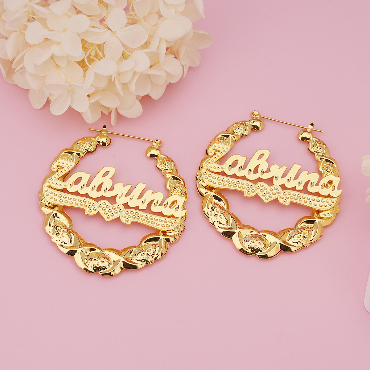 XOXO Bamboo Earrings with Heart Personalized Custom Gold Plated Name Earrings