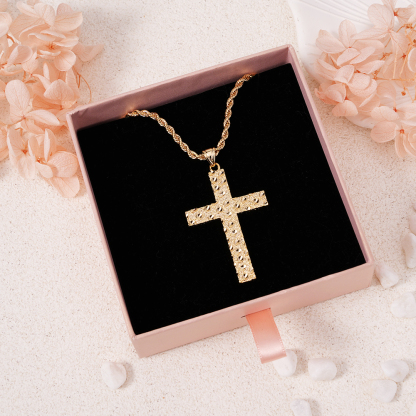 Gold Plated Nugget Cross Pendant Rope Chain Necklace