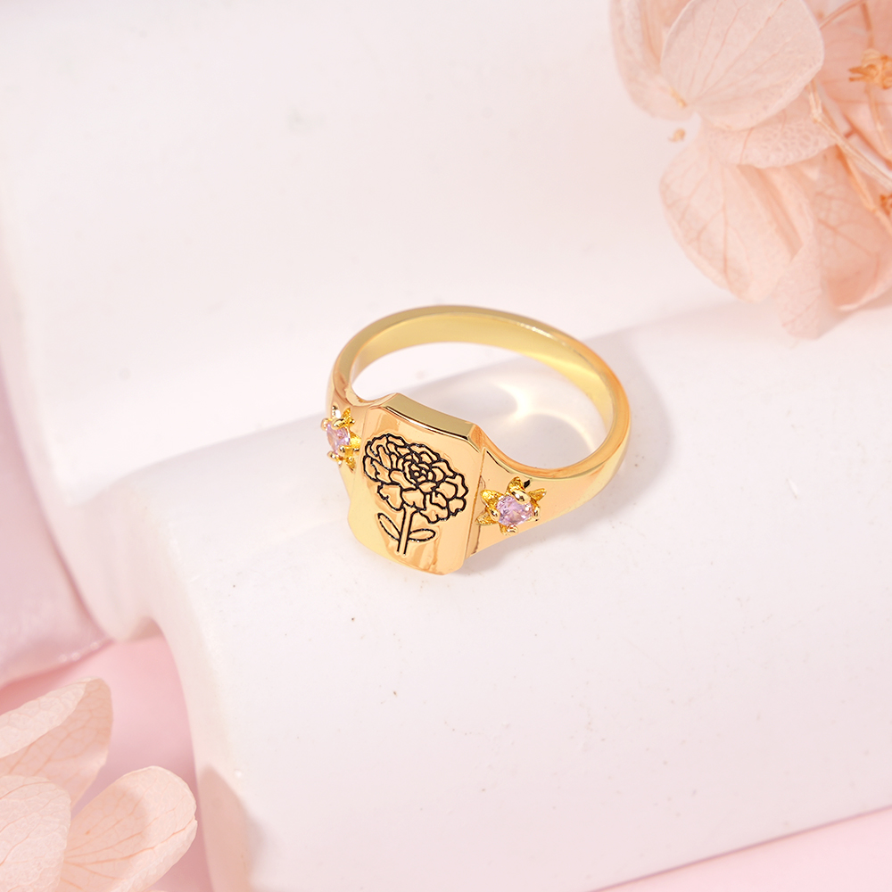 Personalized Engraved Family Birth Flower Bouquet Ring with 2 Birthstones