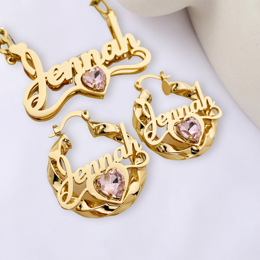 Personalized Heart Double Plated Name Necklace And Mini Name Earrings