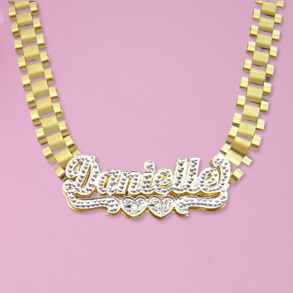 Two Heart Nameplated Pendant President Link Chain Name Necklace