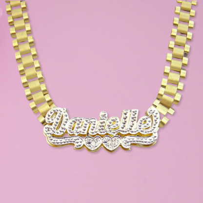 Two Heart Nameplated Pendant President Link Chain Name Necklace