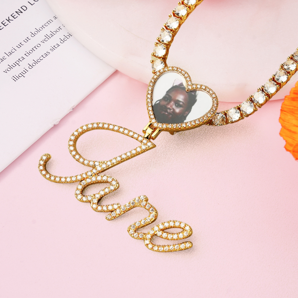 Custom Name Picure Pendant Heart Hook Cursive Letters Necklaces
